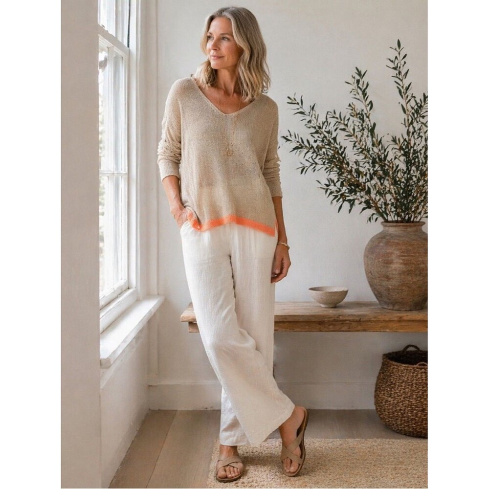 Eileen Fisher Linen Open Knit Sweater Neutral Beige Coral Hem Size S